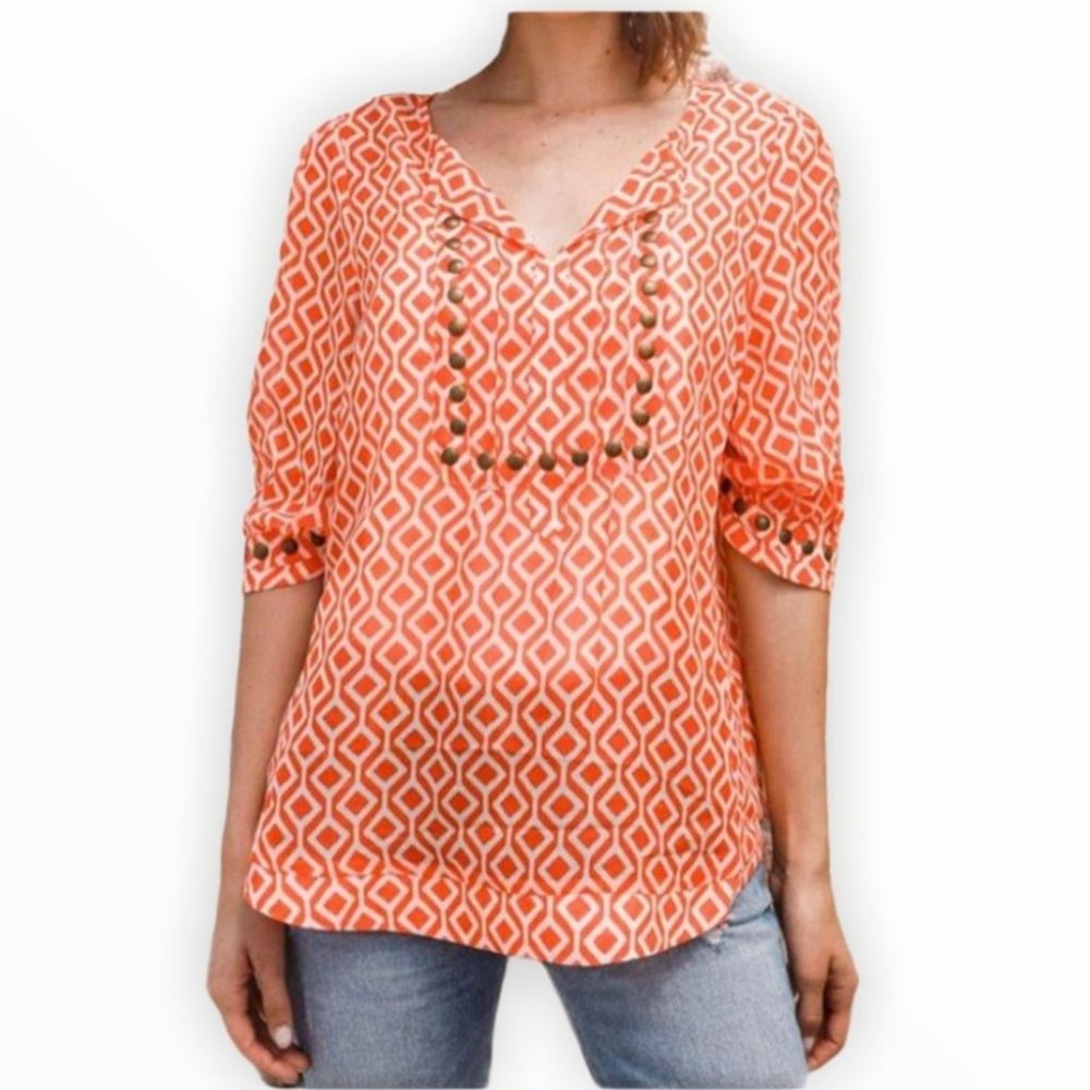 {41 Hawthorn} Orange Geometric Stud Blouse